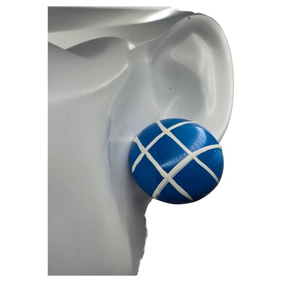 Button Dome Pierced Earrings Round Shaped Blue & White Hand Painted On Metal - Picture 3 of 8